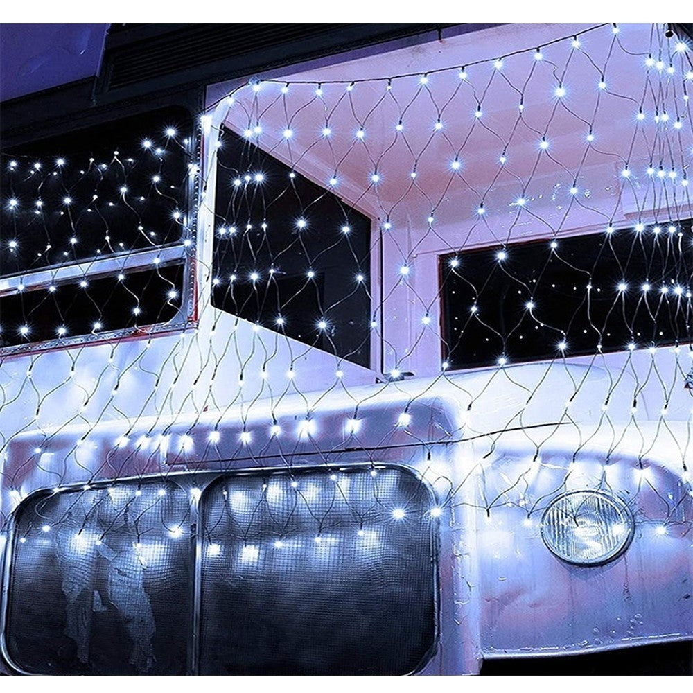 Instalatie Craciun, Tip Plasa, 1.5 m x 1.5 m, 120 LED-uri, Alb rece, 8 jocuri de lumini, Transformator cu telecomanda, Interconectabila, Prelungitor 5 m inclus, Fir transparent, Klevo