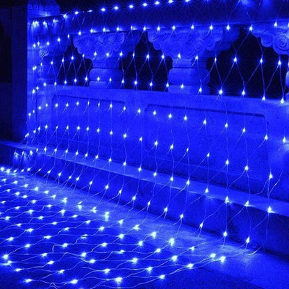 Instalatie Craciun, Tip Plasa, IP 44, 10 x 1 m, 400 LED-uri, Albastru, 8 jocuri de lumini, Transformator cu telecomanda, Interconectabila, Prelungitor 3 m inclus, Fir transparent, Klevo