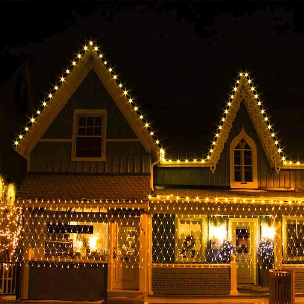 Instalatie Craciun, Tip Plasa, IP 44, 20 x 1 m, 880 LED-uri, Alb cald, 8 jocuri de lumini, Transformator fara telecomanda, Interconectabila, Prelungitor 3 m inclus, Fir transparent, Klevo