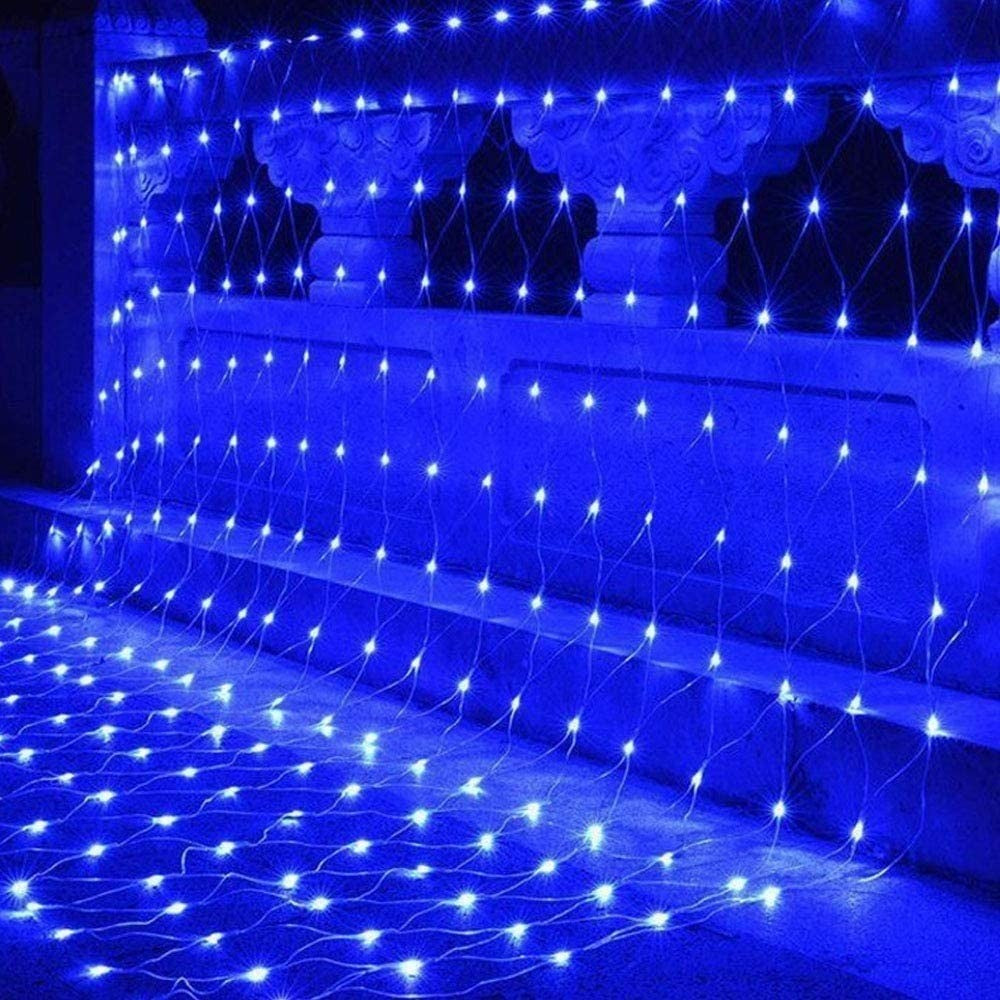 Instalatie Craciun, Tip Plasa, IP 44, 24 x 1 m, 960 LED-uri, Albastru, 8 jocuri de lumini, Transformator fara telecomanda, Interconectabila, Prelungitor 5 m inclus, Fir transparent, Klevo