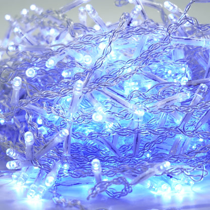 Instalatie Craciun Yoto, Tip Franjuri/Turturi, 12 m, 300 LED-uri, Prelungitor 1.5 m, 8 Jocuri de Lumini, Interconectabila, Conectare la Retea, Fir transparent, Interior/Exterior, Albastru