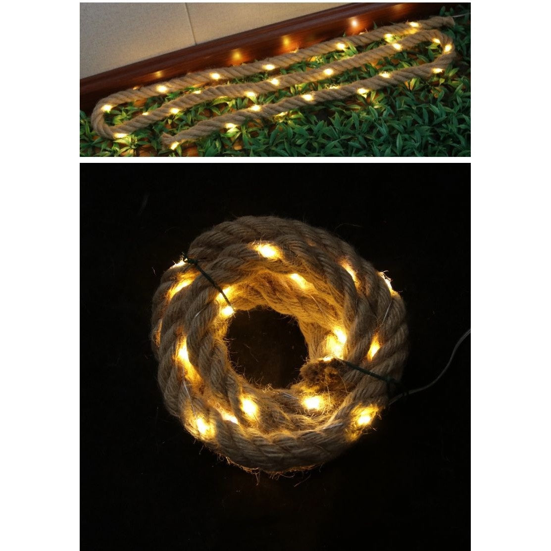 Instalatie Luminoasa, Klevo, cu Fir de Cupru, 2 m, 40 LED-uri, Model Sfoara de Canepa, cu Baterii, IP44, Alb Cald
