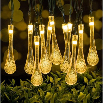 Instalatie Solara 6 m, 28 Led-uri cu Ornament tip picatura de apa, Liniara, Fir negru, Interior, Exterior, Alb Cald