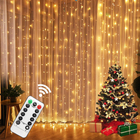 Instalatie de Craciun, Klevo, Instalatie de Tip Perdea IP44, Alimentare prin Port USB si Telecomanda cu 8 functii, 6m x 3m, 600 LED, Alb Cald