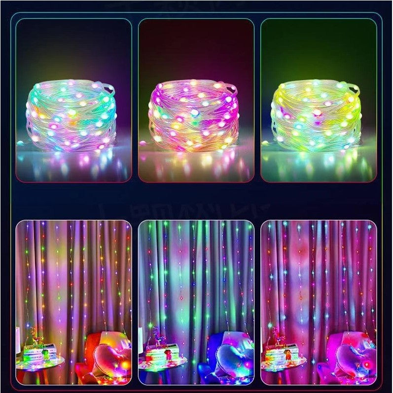Instalatie de Craciun Klevo, liniara, cu 200 micro LED-uri, 20 m, 220V, conectare la retea, cu 8 jocuri de lumini, interior/exterior, fir transparent, 3 fire cupru, multicolora