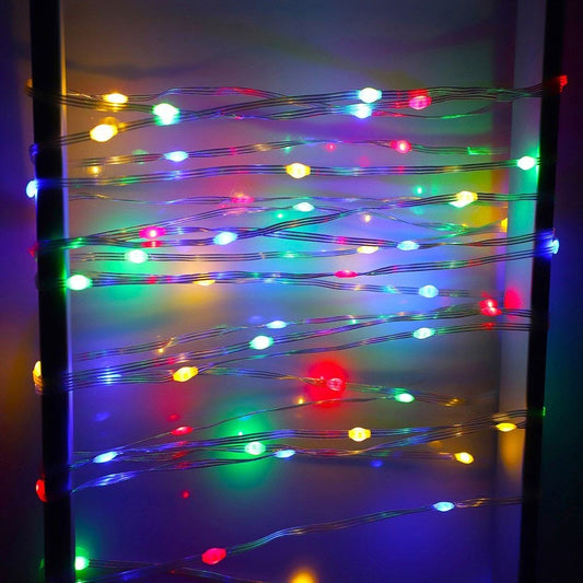 Instalatie de Craciun Klevo, liniara, cu 200 micro LED-uri, 20 m, 220V, conectare la retea, cu 8 jocuri de lumini, interior/exterior, fir transparent, 3 fire cupru, multicolora