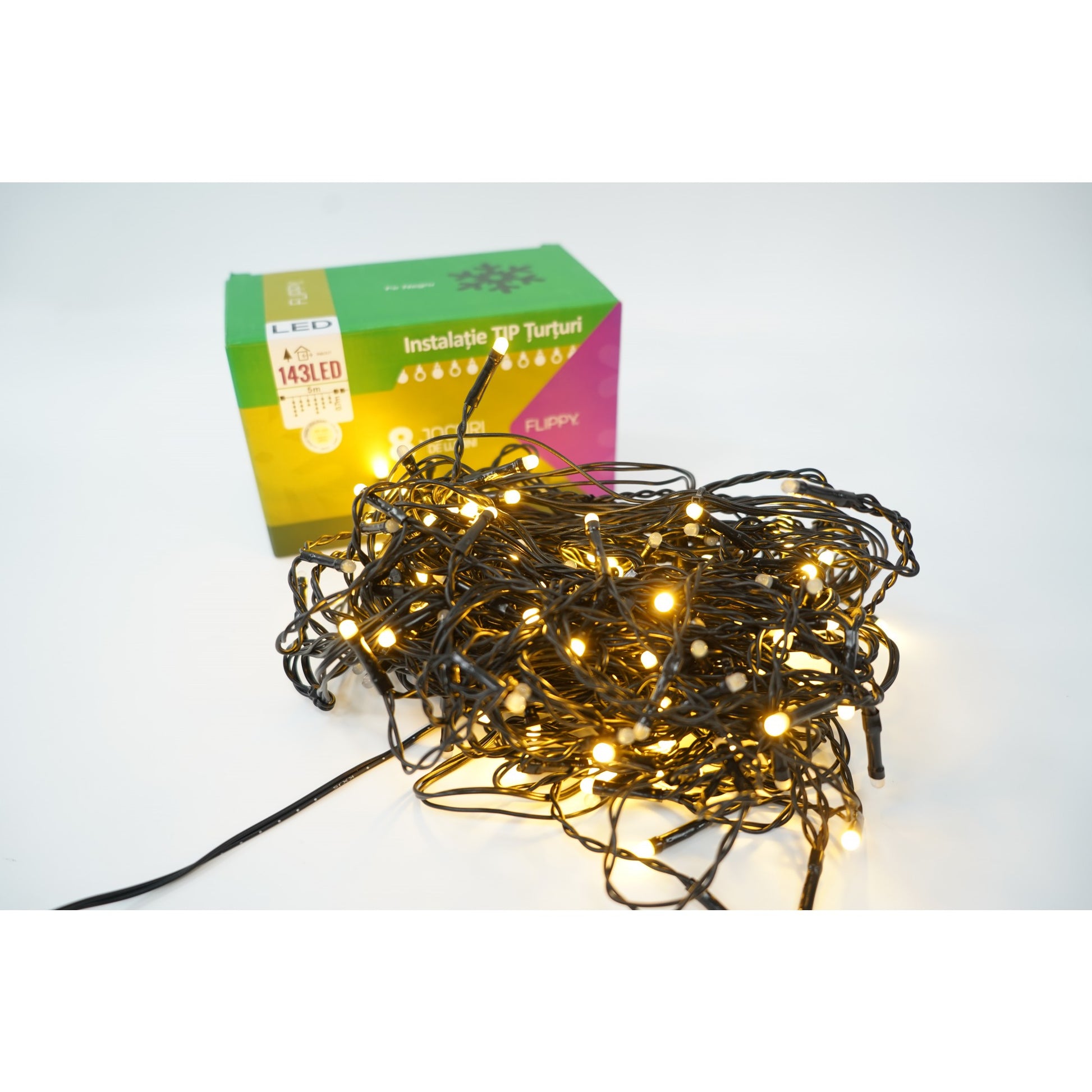 Sectiune Instalatie de Craciun, Klevo®, Tip Turturi, Fara Alimentator, 5m, 143 LED-uri, 8 Jocuri de Lumini, Fir Negru, Lumina Alb Cald, IP44, Interconectabila