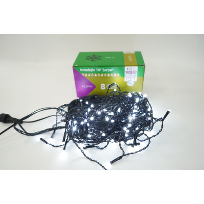 Instalatie de Craciun Klevo® Tip Franjuri, 8 jocuri de lumini, Sectiune 5 m, 143 LED-uri, Interconectabila, Fir Negru, Alb Rece