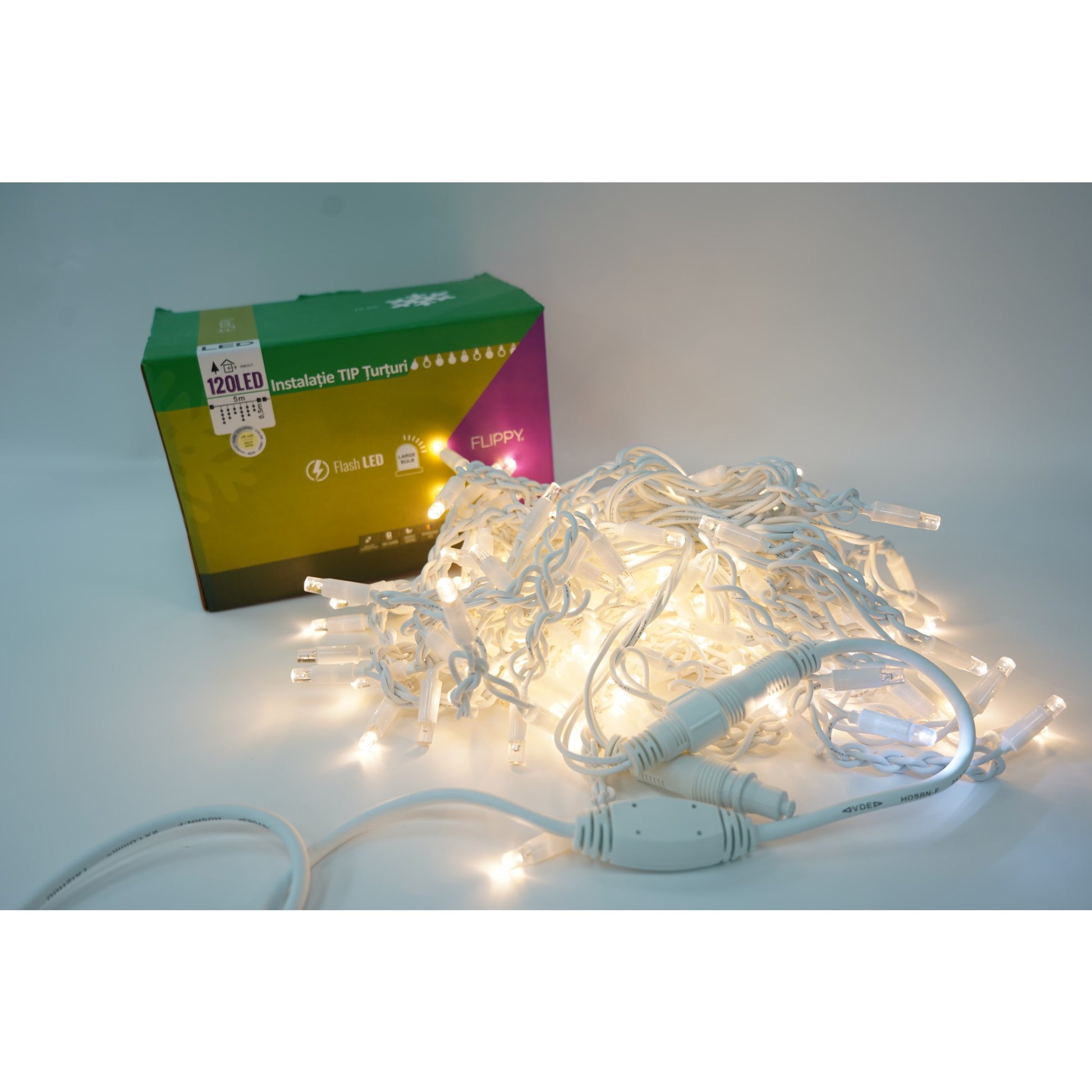 Instalatie de Craciun Klevo® Tip Franjuri cu Flash, IP65, Sectiune 5 m, 120 LED-uri, Interconectabila, Fir Alb, Alb Cald