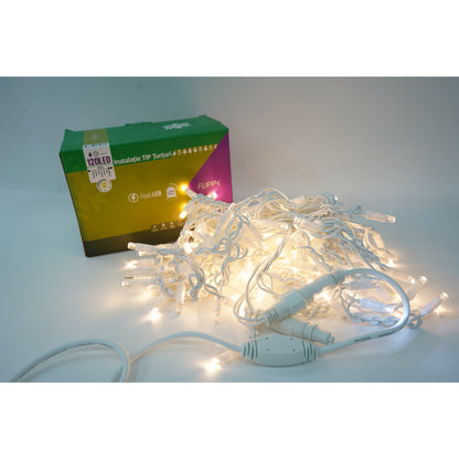 Instalatie de Craciun Klevo® Tip Franjuri cu Flash, IP65, Sectiune 5 m, 120 LED-uri, Interconectabila, Fir Alb, Alb Cald