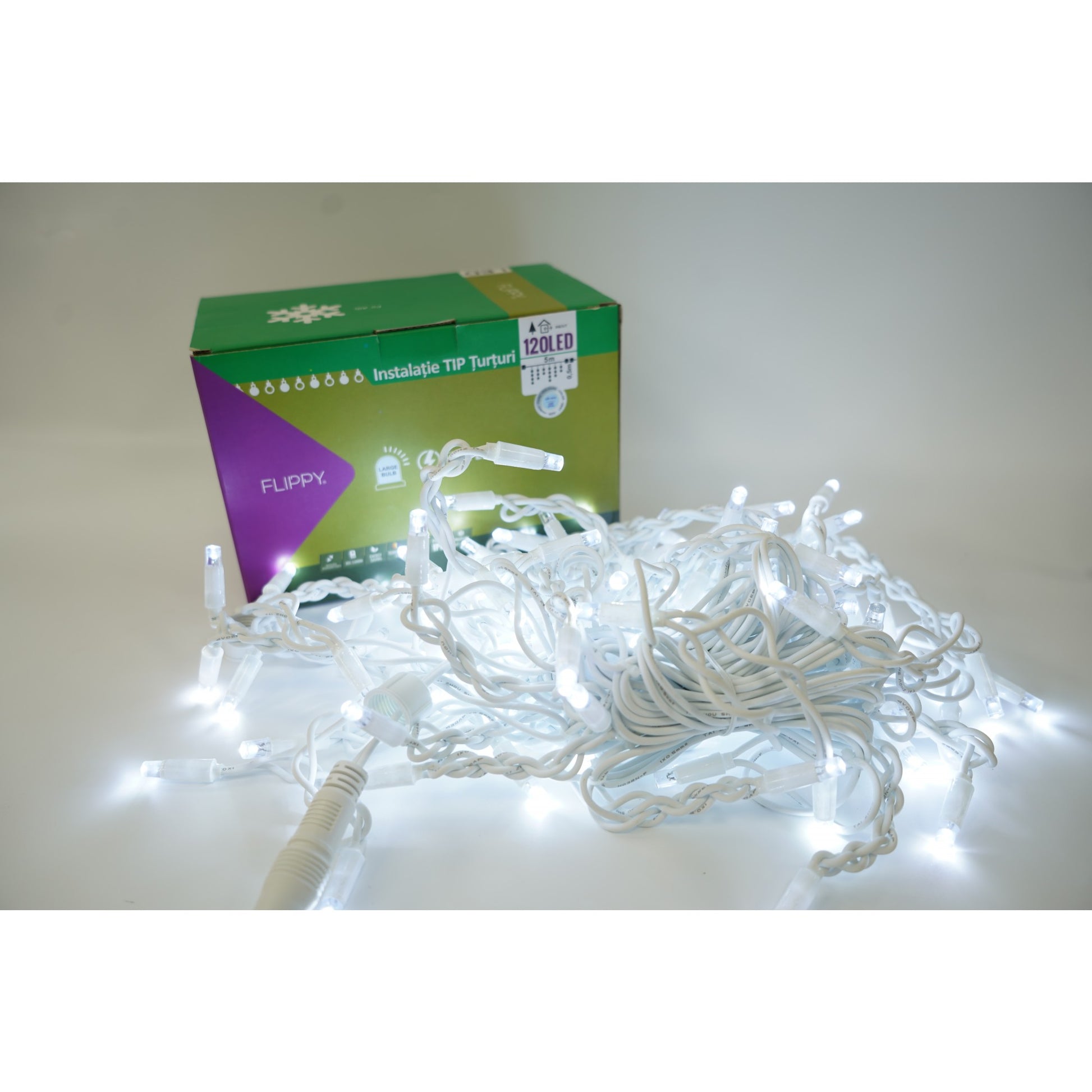Instalatie de Craciun Klevo® Tip Franjuri cu Flash, IP65, Sectiune 5 m, 120 LED-uri, Interconectabila, Fir Alb, Alb Rece, Atentie! Nu contine Alimentator