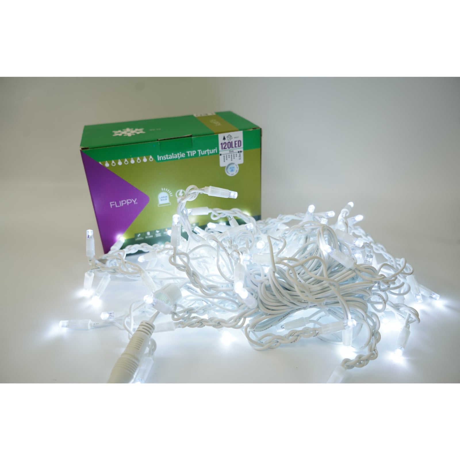 Instalatie de Craciun Klevo® Tip Franjuri cu Flash, IP65, Sectiune 5 m, 120 LED-uri, Interconectabila, Fir Alb, Alb Rece, Atentie! Nu contine Alimentator