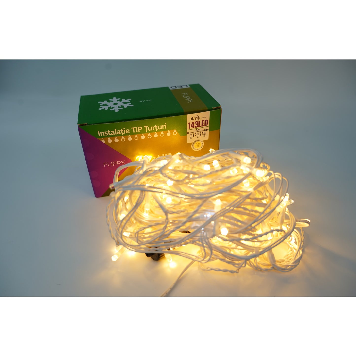 Instalatie de Craciun Klevo® Tip Franjuri cu Flash, Sectiune 5 m, 143 LED-uri, Interconectabila, Fir Alb, Alb Cald