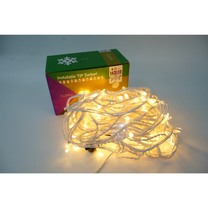 Instalatie de Craciun Klevo® Tip Franjuri cu Flash, Sectiune 5 m, 143 LED-uri, Interconectabila, Fir Alb, Alb Cald