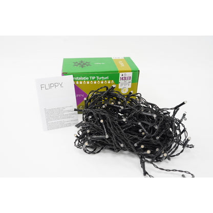 Instalatie de Craciun Klevo® Tip Franjuri cu Flash, Sectiune 5 m, 143 LED-uri, Interconectabila, Fir Negru, Alb Cald