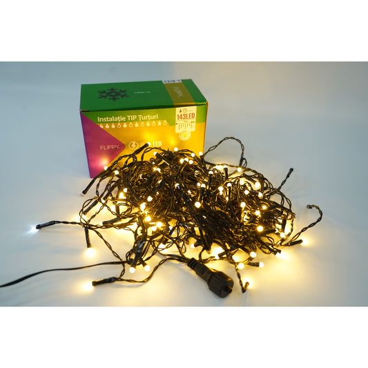 Instalatie de Craciun Klevo® Tip Franjuri cu Flash, Sectiune 5 m, 143 LED-uri, Interconectabila, Fir Negru, Alb Cald