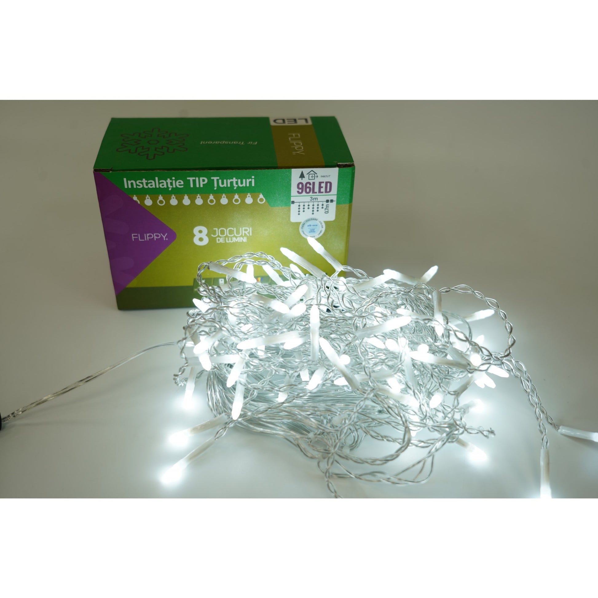 Instalatie de Craciun Klevo® Tip Turturi, 8 jocuri de lumini Sectiune 3 m, 96 LED-uri, Interconectabila, Fir Transparent, Alb Rece