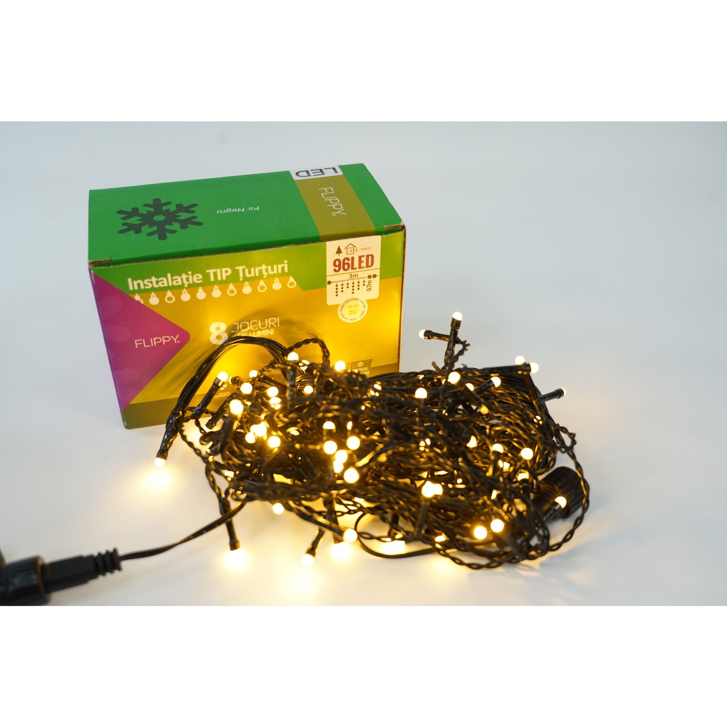 Instalatie de Craciun Klevo® Tip Turturi, 8 jocuri de lumini Sectiune 3 m, 96 LED-uri, Interconectabila, Fir Negru, Alb Cald