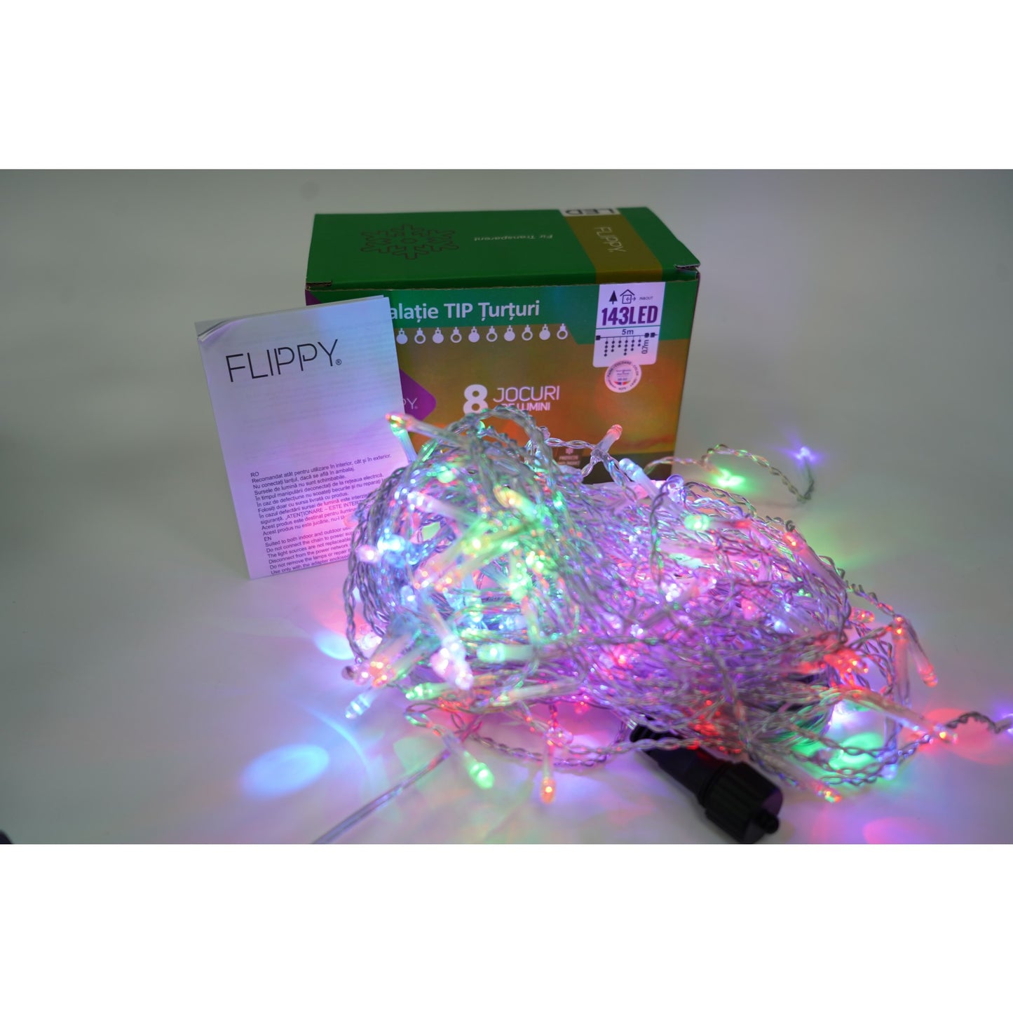 Sectiune Instalatie de Craciun Klevo® Tip Turturi, Flash 5 m, 143 LED-uri, Interconectabila, Fir Transparent, RB-RG, Atentie! nu contine alimentator