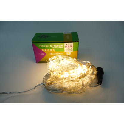 Instalatie de Craciun Klevo® Tip Turturi, Franjuri cu 8 jocuri de lumini, Sectiune 5 m, 143 LED-uri, Interconectabila, Fir Cupru, Alb Cald