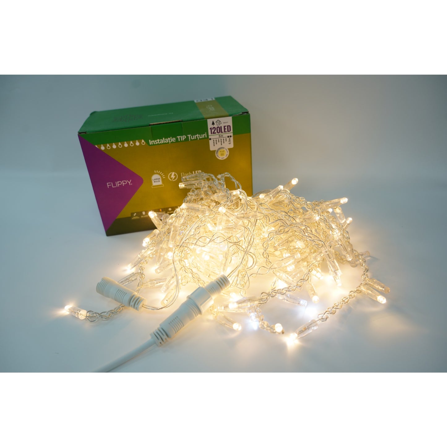 Instalatie de Craciun Klevo® Tip Turturi, Franjuri cu Flash, IP65, Sectiune 5 m, 120 LED-uri, Interconectabila, Fir Transparent, Alb Cald, Interior/Exterior