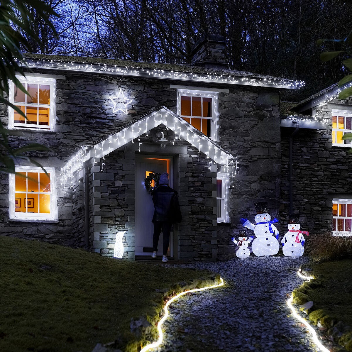 Instalatie de Craciun Klevo® Tip Turturi, Franjuri cu Flash, IP65, Sectiune 5 m, 120 LED-uri, Interconectabila, Fir Transparent, Alb Rece