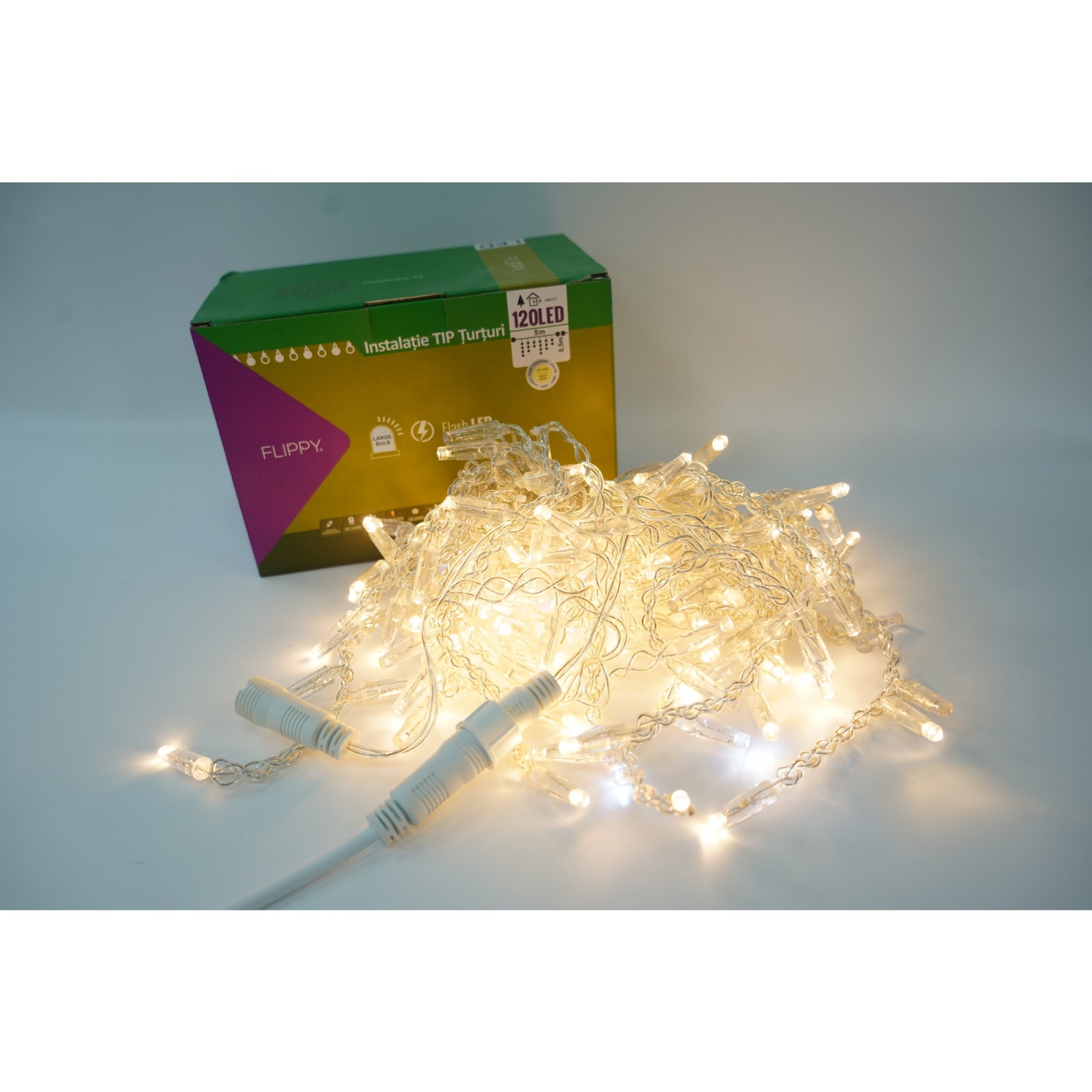Instalatie de Craciun Klevo® Tip Turturi, Franjuri cu Flash, IP65, Sectiune 5 m, 120 LED-uri, Interconectabila, Fir Transparent, Alb Cald, Interior/Exterior