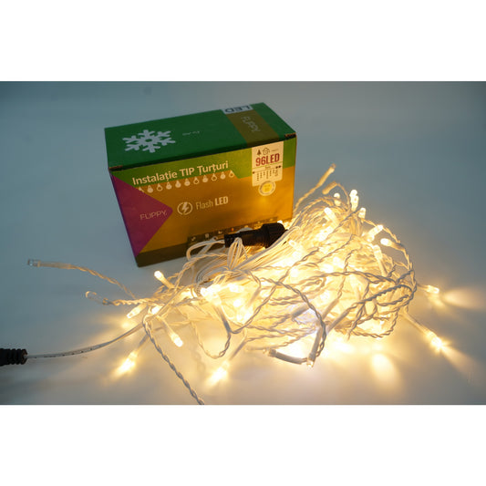 Instalatie de Craciun Klevo® Tip Turturi, Franjuri cu Flash, Sectiune 3 m, 96 LED-uri, Interconectabila, Fir Alb, Alb Cald, Atentie ! Necesita Alimentator 31 V, Cod:11419
