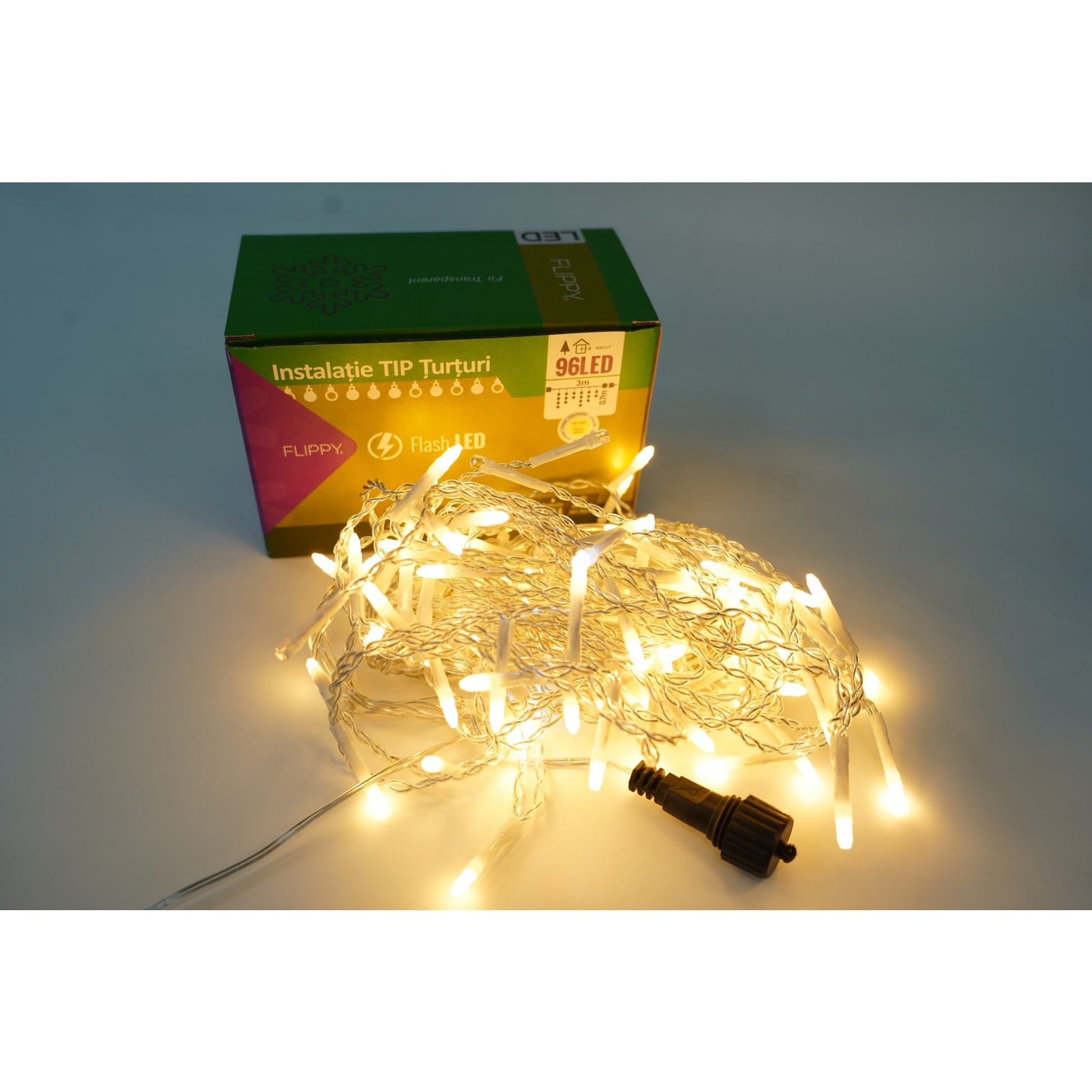 Instalatie de Craciun Klevo® Tip Turturi, Franjuri cu Flash, Sectiune 3 m, 96 LED-uri, Interconectabila, Fir Transparent, Alb Cald