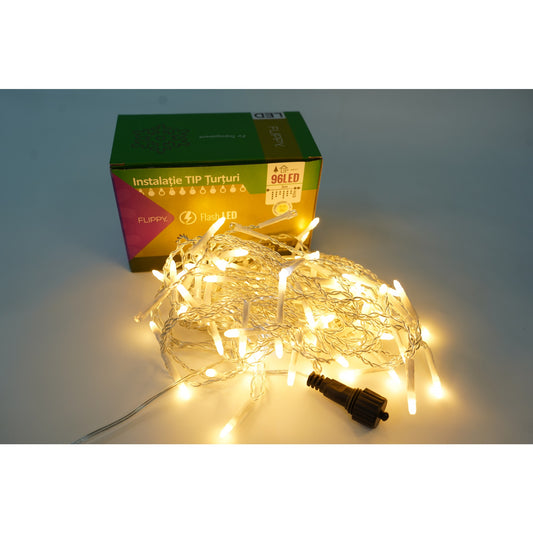 Instalatie de Craciun Klevo® Tip Turturi, Franjuri cu Flash, Sectiune 3 m, 96 LED-uri, Interconectabila, Fir Transparent, Alb Cald