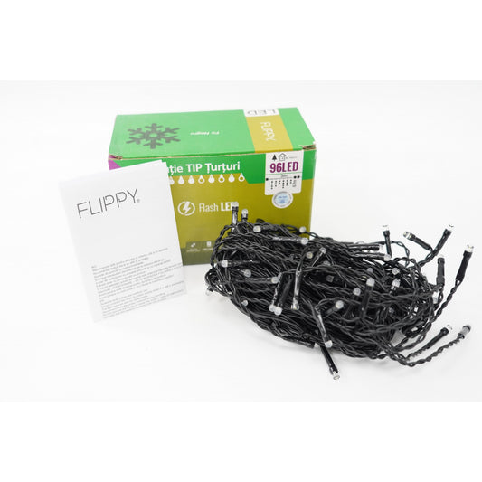Instalatie de Craciun Klevo® Tip Turturi, Franjuri cu Flash, Sectiune 3 m, 96 LED-uri, Interconectabila, Fir Negru, Alb Rece