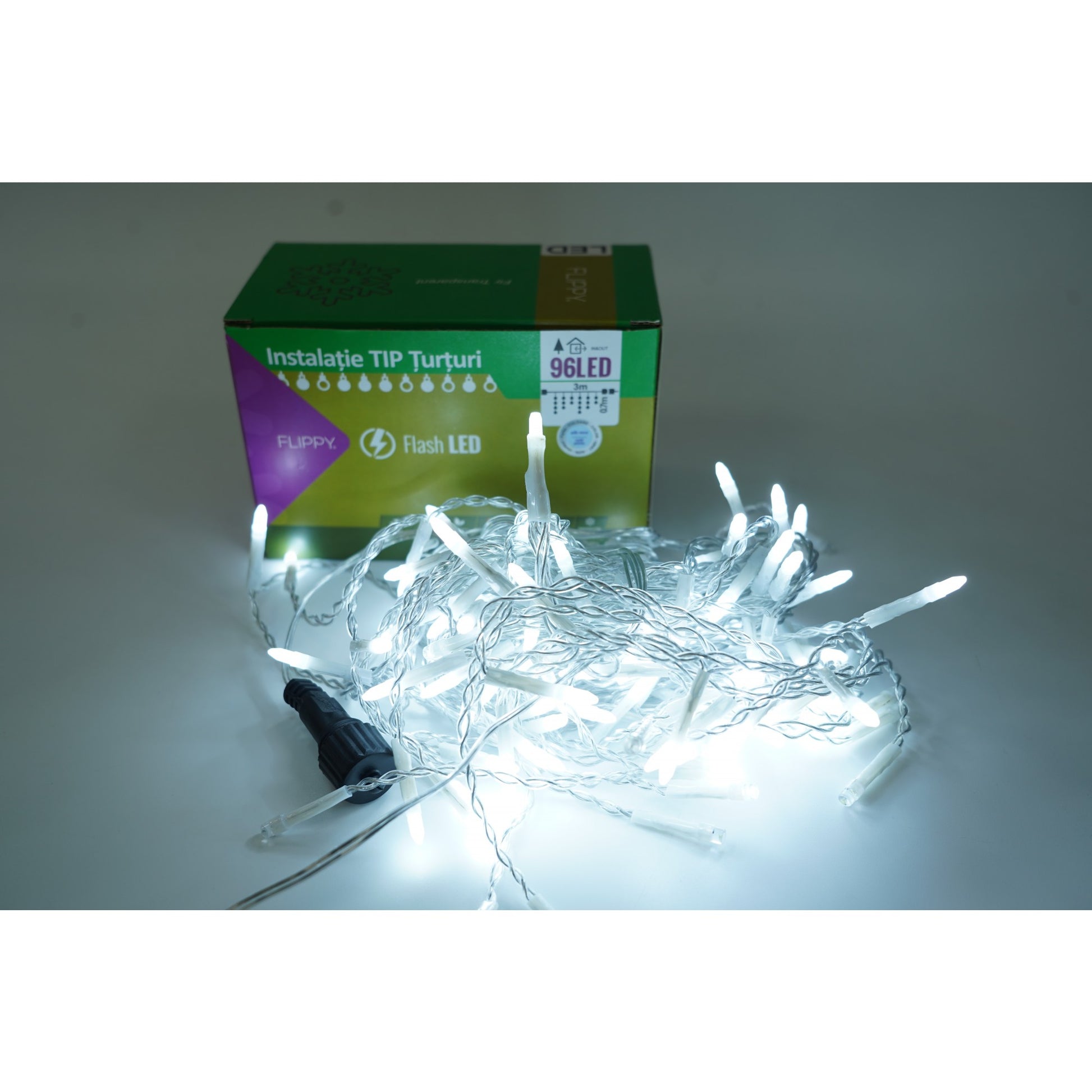 Instalatie de Craciun Klevo® Tip Turturi, Franjuri cu Flash, Sectiune 3 m, 96 LED-uri, Interconectabila, Fir Transparent, Alb Rece