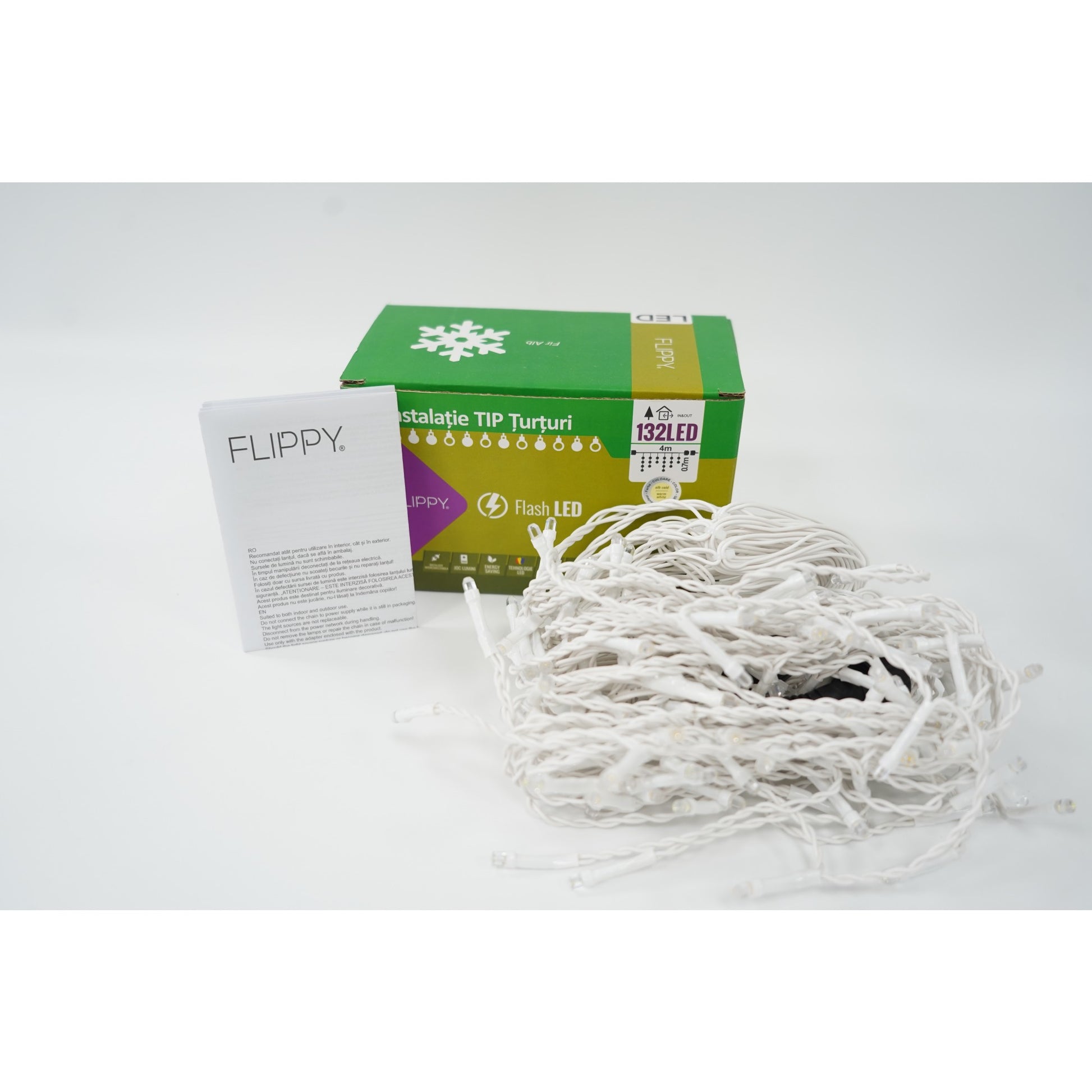 Instalatie de Craciun Klevo® Tip Turturi, Franjuri cu Flash, Sectiune 4 m, 132 LED-uri, Interconectabila, Fir Alb, Alb Cald