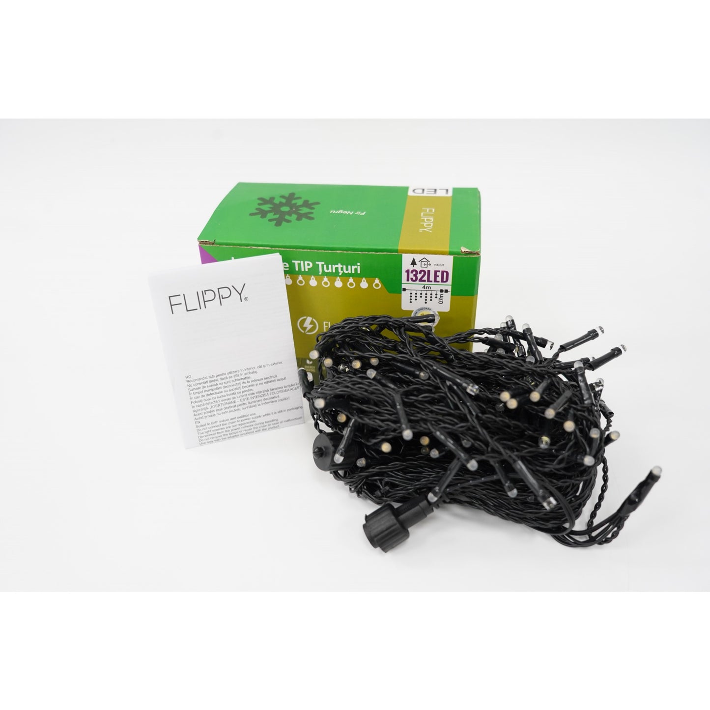 Instalatie de Craciun Klevo® Tip Turturi, Franjuri cu Flash, Sectiune 4 m, 132 LED-uri, Interconectabila, Fir Negru, Alb Cald