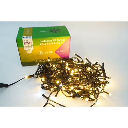 Instalatie de Craciun Klevo® Tip Turturi, Franjuri cu Flash, Sectiune 4 m, 132 LED-uri, Interconectabila, Fir Negru, Alb Cald