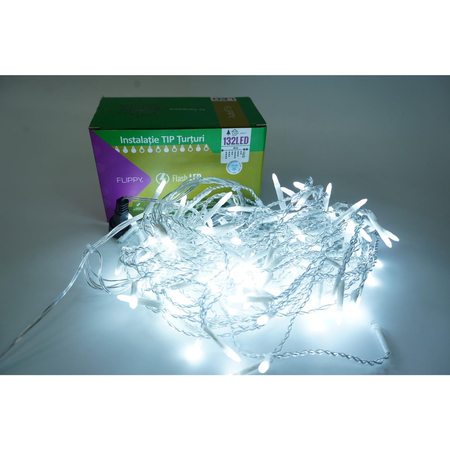 Instalatie de Craciun Klevo® Tip Turturi, Franjuri cu Flash, Sectiune 4 m, 132 LED-uri, Interconectabila, Fir Transparent, Alb Rece