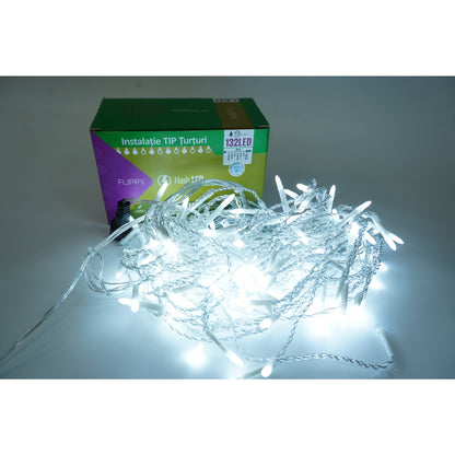 Instalatie de Craciun Klevo® Tip Turturi, Franjuri cu Flash, Sectiune 4 m, 132 LED-uri, Interconectabila, Fir Transparent, Alb Rece