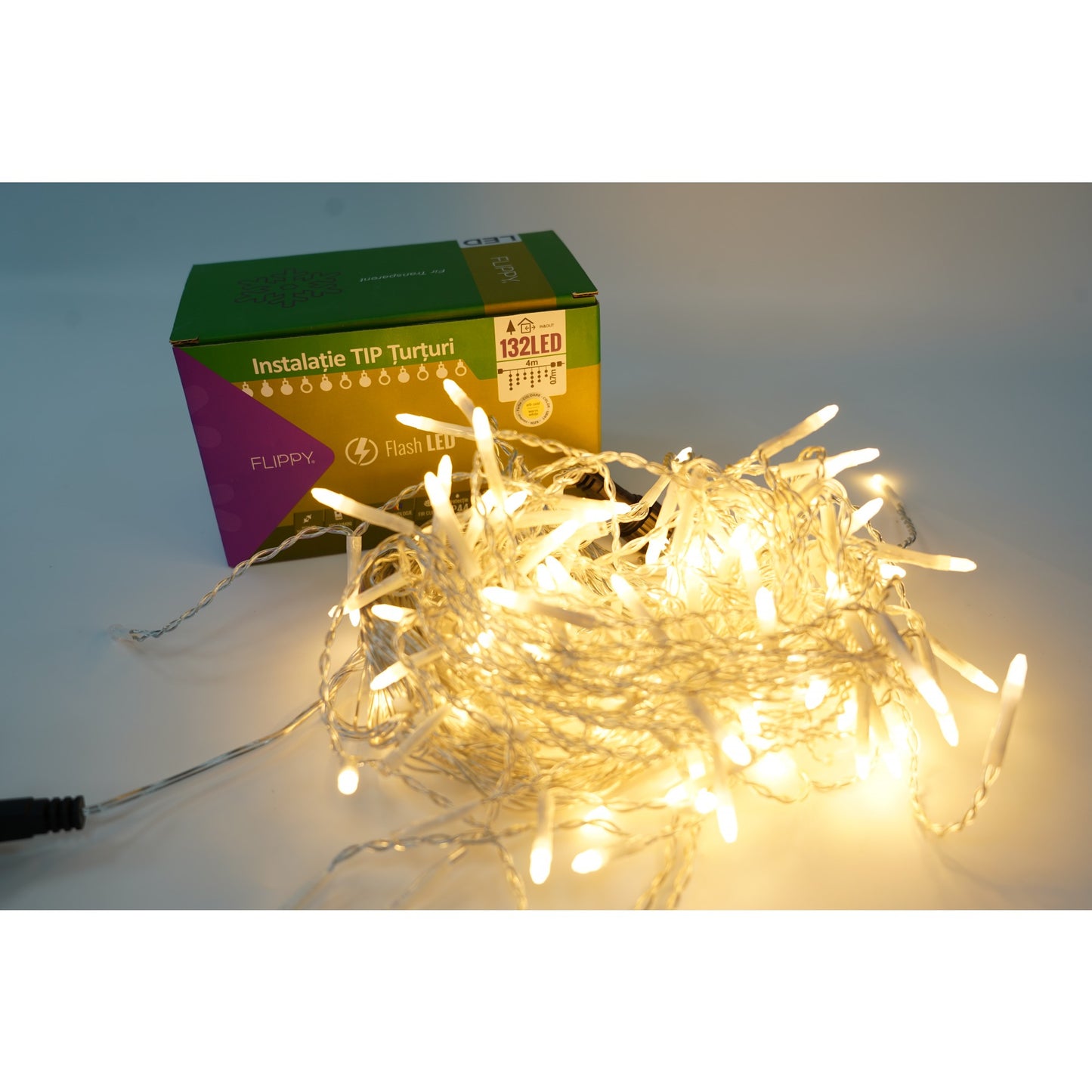 Instalatie de Craciun Klevo® Tip Turturi, Franjuri cu Flash, Sectiune 4 m, 132 LED-uri, Interconectabila, Fir Transparent, Alb Cald