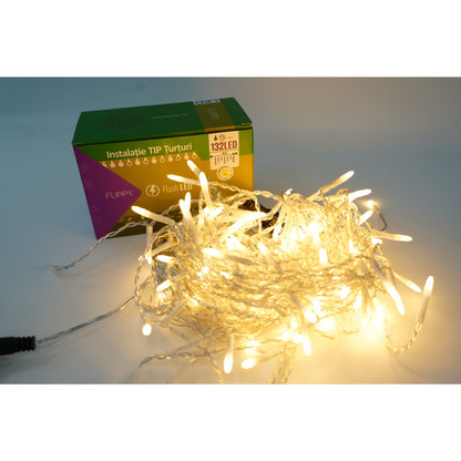 Instalatie de Craciun Klevo® Tip Turturi, Franjuri cu Flash, Sectiune 4 m, 132 LED-uri, Interconectabila, Fir Transparent, Alb Cald