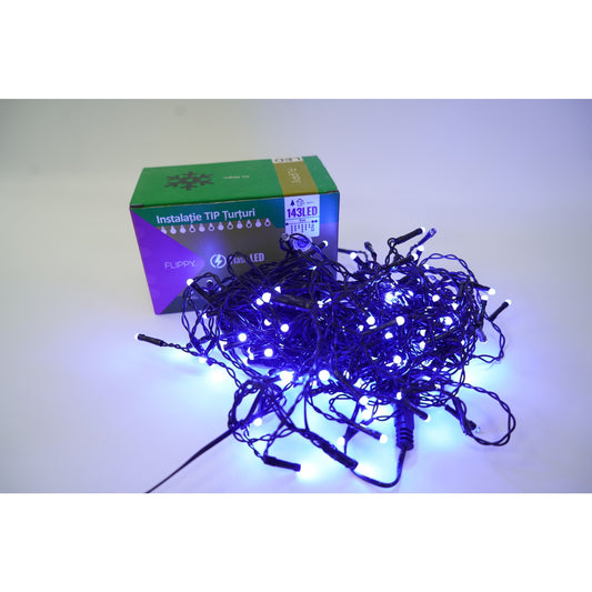 Instalatie de Craciun Klevo® Tip Turturi, Franjuri cu Flash, Sectiune 5 m, 143 LED-uri, Interconectabila, Fir Negru, Albastru,Fara transformator