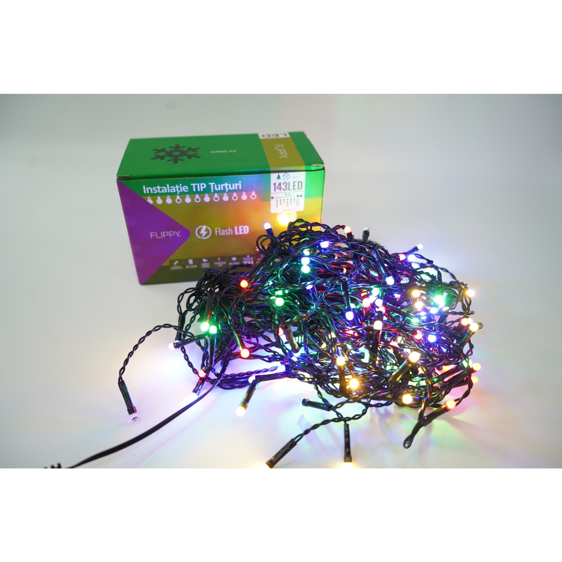 Instalatie de Craciun Klevo® Tip Turturi, Franjuri cu Flash, Sectiune 5 m, 143 LED-uri, Interconectabila, Fir Negru, Multicolor
