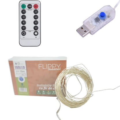Instalatie de Craciun Liniara, Klevo®, Tip Liniara, Fir Cupru, 8 Jocuri de Lumini, cu Telecomanda, 10 m, 100 Led-uri, Alimentare USB, 4.5V, Albastru