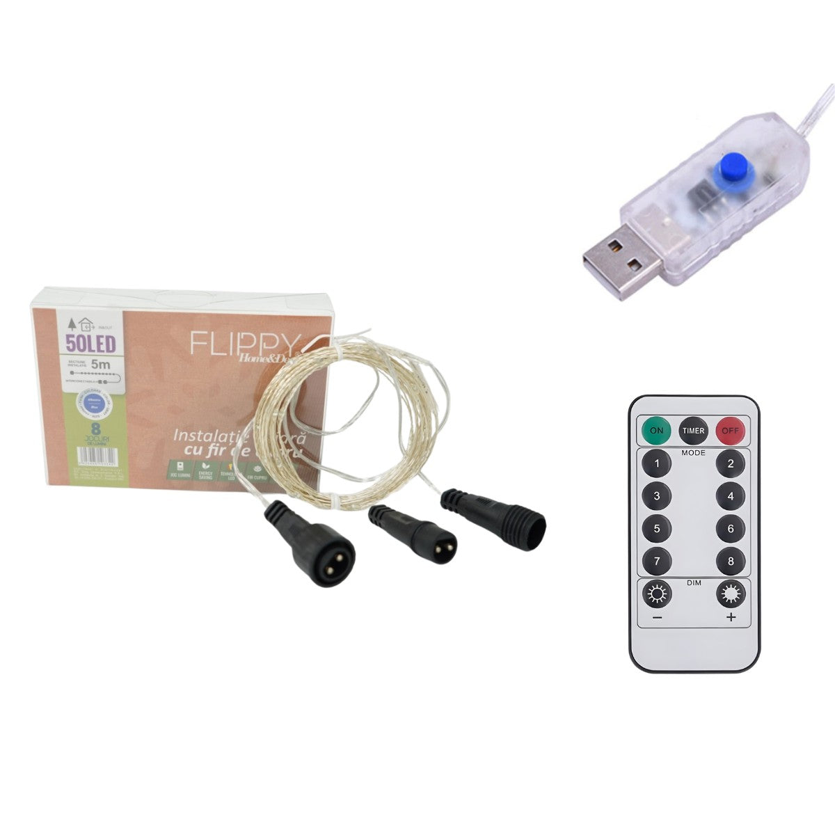 Instalatie de Craciun Liniara, Klevo®, Tip Liniara, Fir Cupru, 8 Jocuri de Lumini, cu Telecomanda, 5 m, 50 Led-uri, Alimentare USB, 4.5V, Albastru