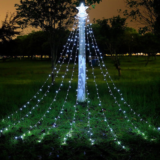 Instalatie Tip Perdea Pentru Pomul De Craciun, Cu Stea Luminoasa, Klevo , 350 LED-uri, Conectare La Retea, Interior/Exterior, Lumina Rece