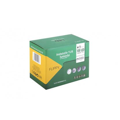 Instalatie luminoasa de Craciun cu LED, 100 LED-uri tip Tub, 12 metri lungime, 8 programe, 2 metri prelungitor, incarcare solara, alb cald, Klevo