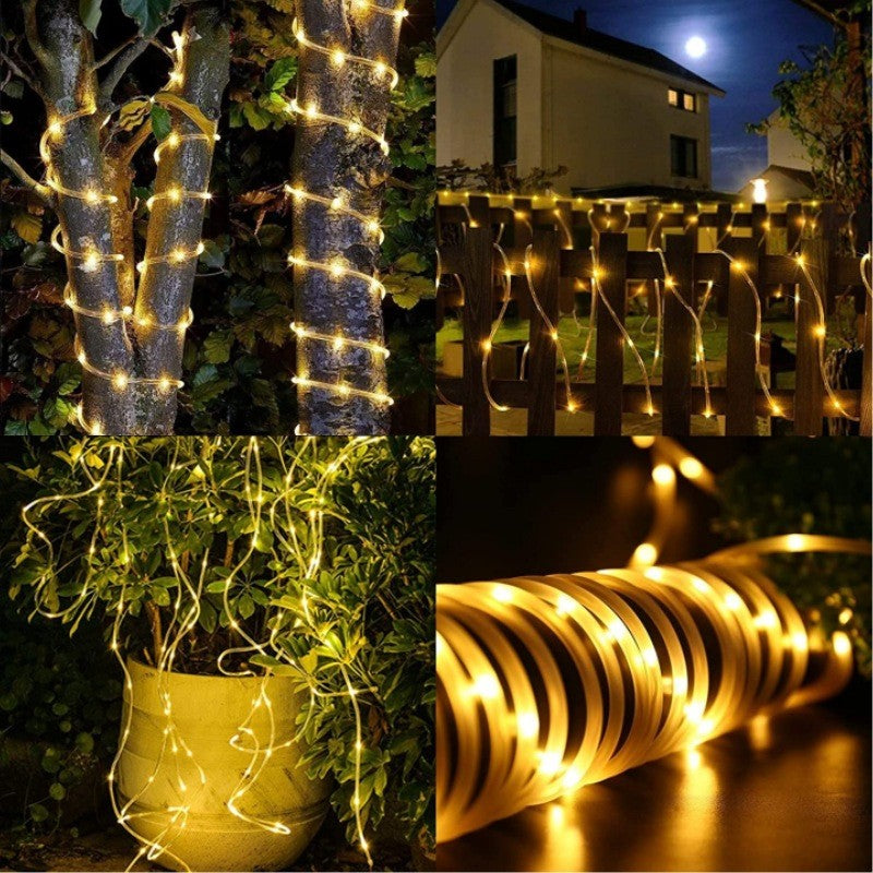 Instalatie luminoasa de Craciun cu LED, 100 LED-uri tip Tub, 12 metri lungime, 8 programe, 2 metri prelungitor, incarcare solara, alb cald, Klevo