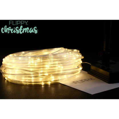Instalatie luminoasa de Craciun tip furtun luminos, 300 LED-uri, 32 metri lungime, 8 programe, 2 metri prelungitor, sarma din cupru, incarcare solara, alb cald, Klevo