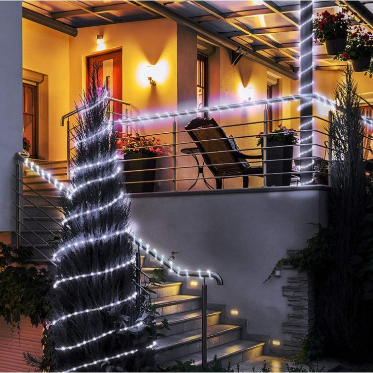 Instalatie luminoasa de Craciun tip furtun luminos, 100 LED-uri, 12 metri lungime, 8 programe, 2 metri prelungitor, sarma din cupru, incarcare solara, alb rece, Klevo