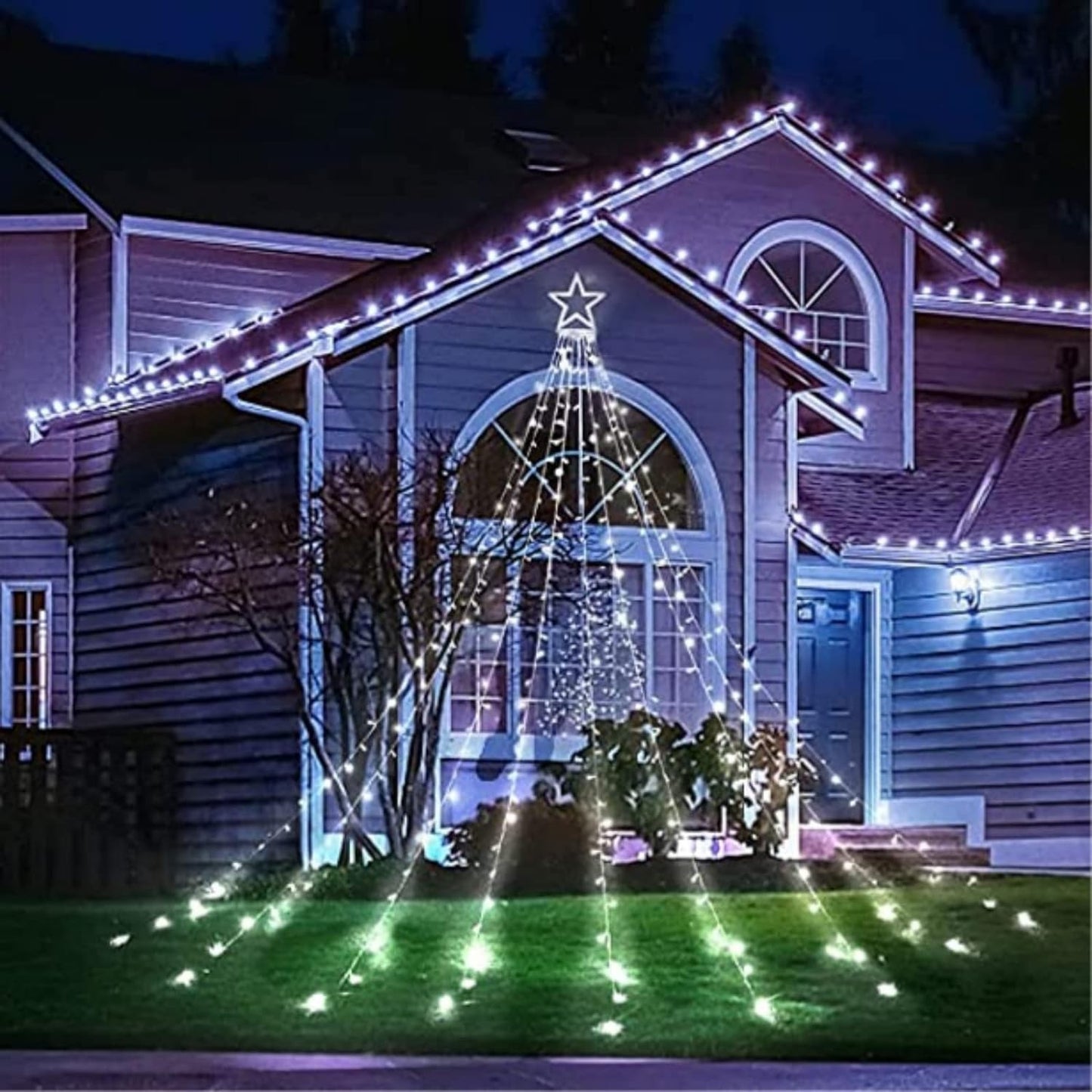 Instalatie Tip Perdea Pentru Pomul De Craciun, Cu Stea Luminoasa, Klevo , 350 LED-uri, Conectare La Retea, Interior/Exterior, Lumina Rece