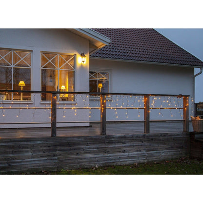 Instalatie Solara Craciun Turturi, IP44, 5 m, 143 Led-uri, Perdea Franjurata, Alb cald, 8 jocuri de lumini, cu Telecomanda, 31V, 250 mAh, Acumulator de 1200 mAh, Exterior, Prelungitor 5 m inclus, Fir Negru, Klevo